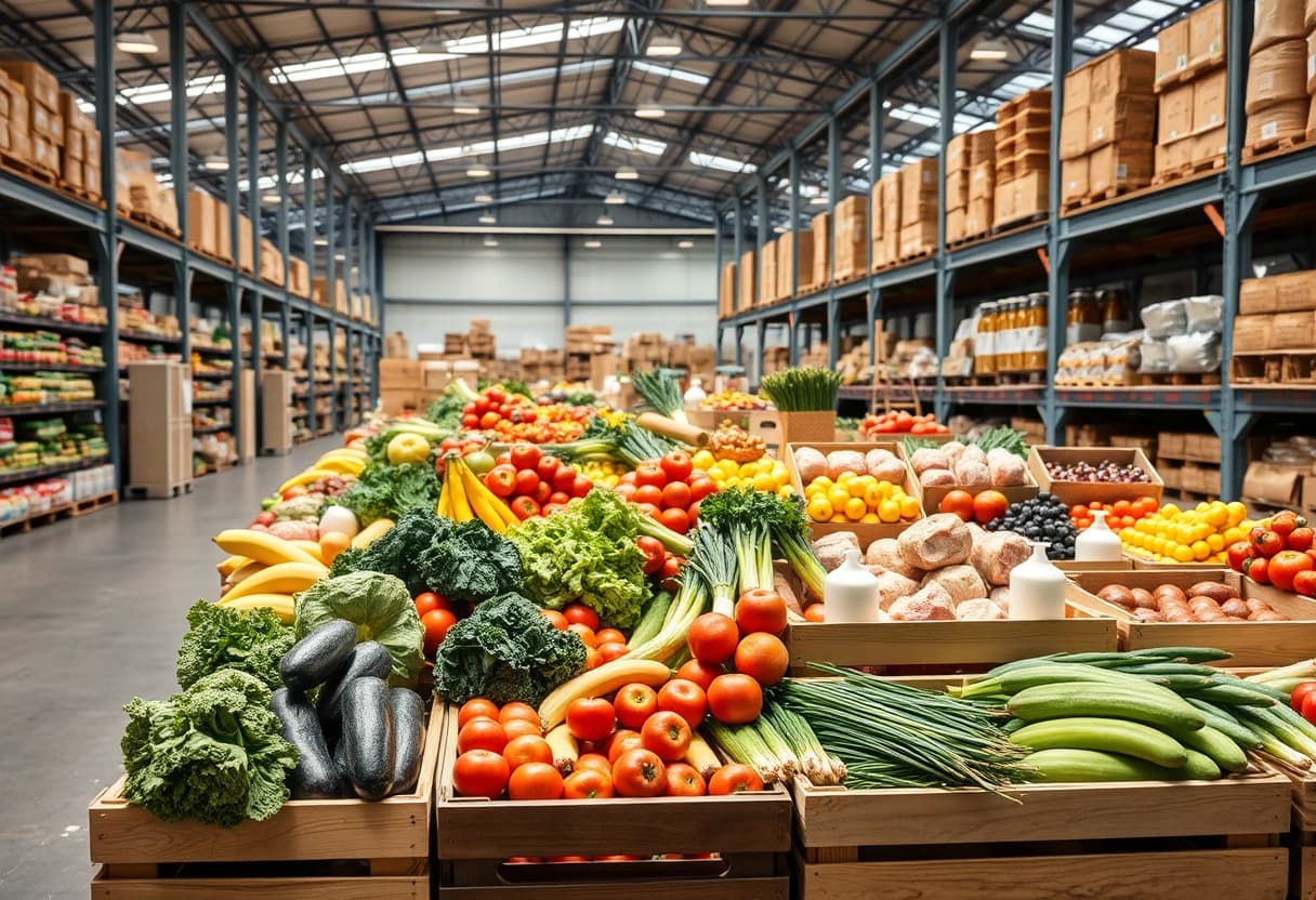 Armazém de distribuição de alimentos com frutas, verduras, carnes e laticínios organizados em caixas de madeira